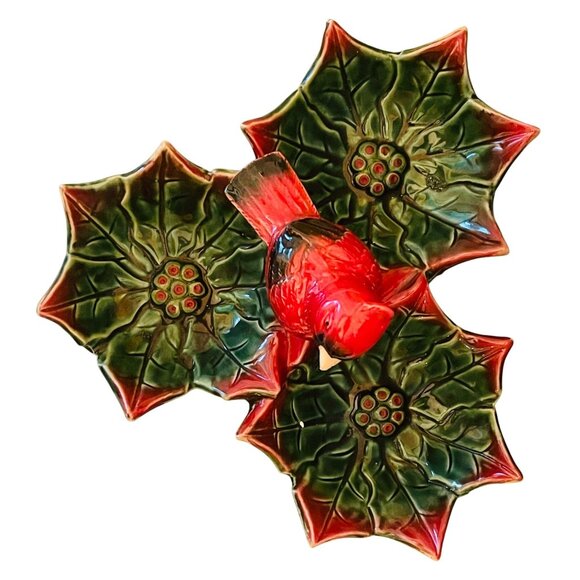 Cardinal Christmas Serving Dish Holly Leaf Relish Tray Candy Nuts Vintage - Picture 3 of 10